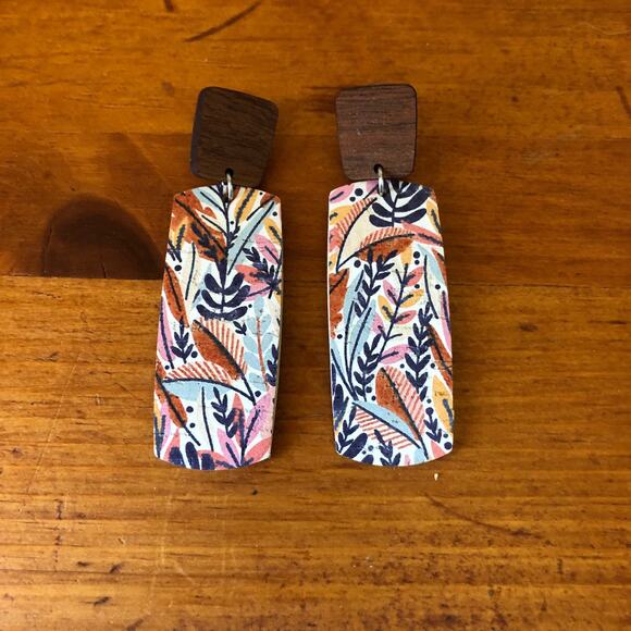 Hello Happiness Designs Fall Floral Wood Stud with Cork Leather Dangle Earrings - Picture 2 of 5